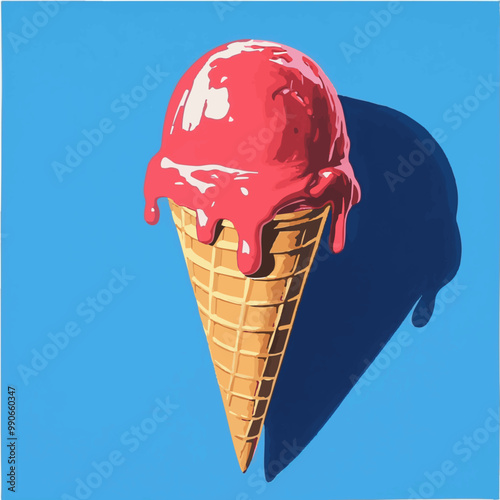 Silk-screen art of a red ice cream cone with a melting scoop on a bright blue background. Retro pop art style with vibrant colors.