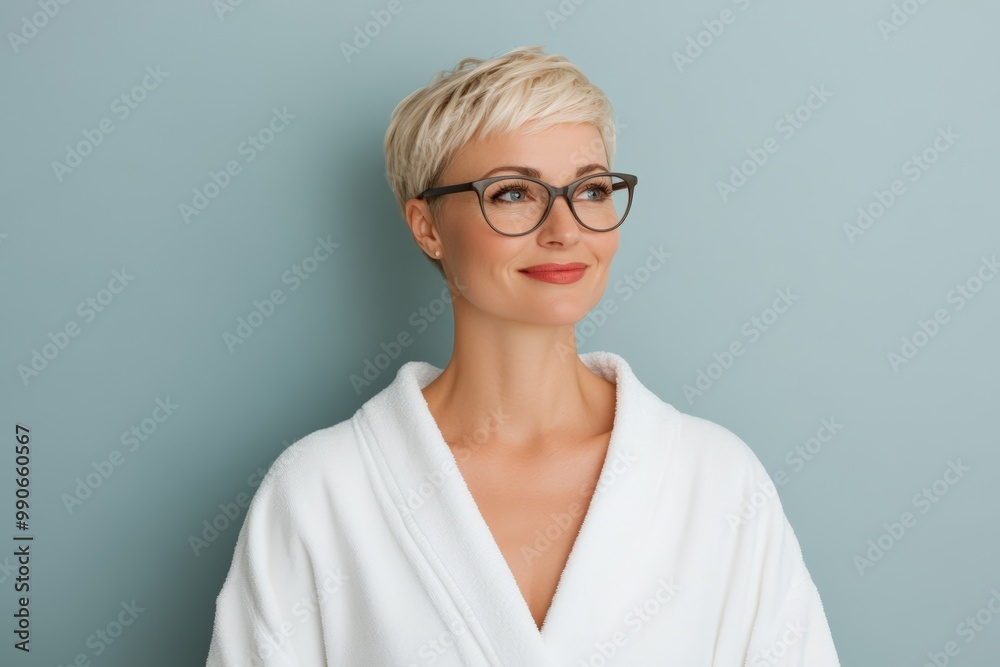 Elegant woman with short blonde hair in a white bathrobe, looking confident and content against a vibrant turquoise background. Elegant woman with short blonde hair in a white bathrobe, looking confident and content against a vibrant turquoise background.