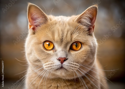 A buff-colored cat, its eyes a warm amber, gazes calmly at the lens, its face a mask of