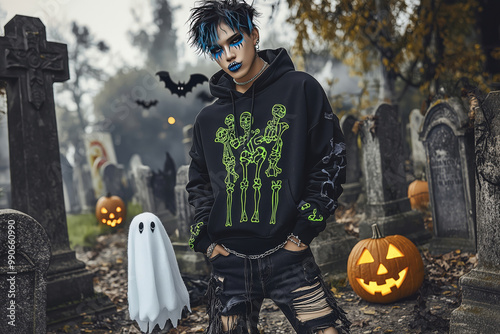 Adult man in an unusual gothic emo Halloween look photo