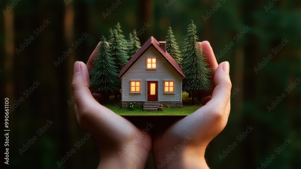 A hands holding a miniature house surrounded by trees, symbolizing care, protection, and the essence of home. A hands holding a miniature house surrounded by trees, symbolizing care, protection, and the essence of home.