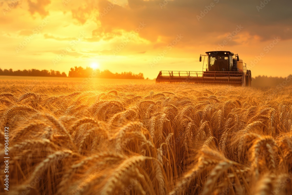 Fototapeta premium A combine gathers mature wheat in a golden field under an orange sunset sky symbolizing abundant harvest