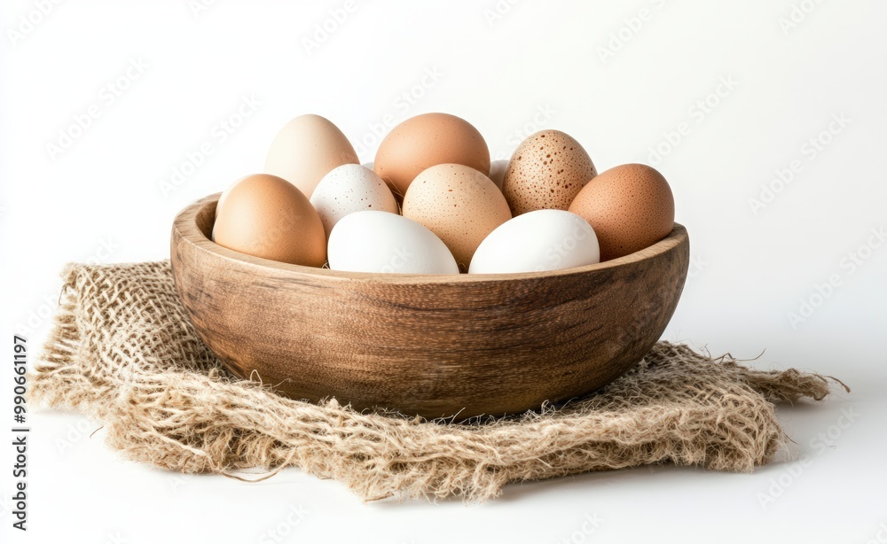 A basket of fresh eggs on beige background. brown chicken egg in wicker bowl A basket of fresh eggs on beige background. brown chicken egg in wicker bowl