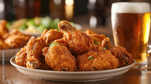 Close-up of fried chicken wings coated in golden batter, paired with cold beer and lime, placed on a rustic wooden table, showing a delicious food scene.