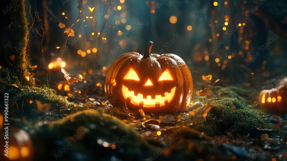 A glowing jack-o-lantern sits on mossy ground in a dark forest, surrounded by fairy lights and leaves. A glowing jack-o-lantern sits on mossy ground in a dark forest, surrounded by fairy lights and leaves.