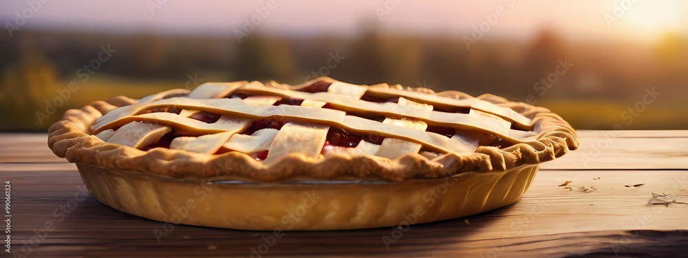 Obraz premium Apple pie on wooden table. Highly detailed realistic illustration