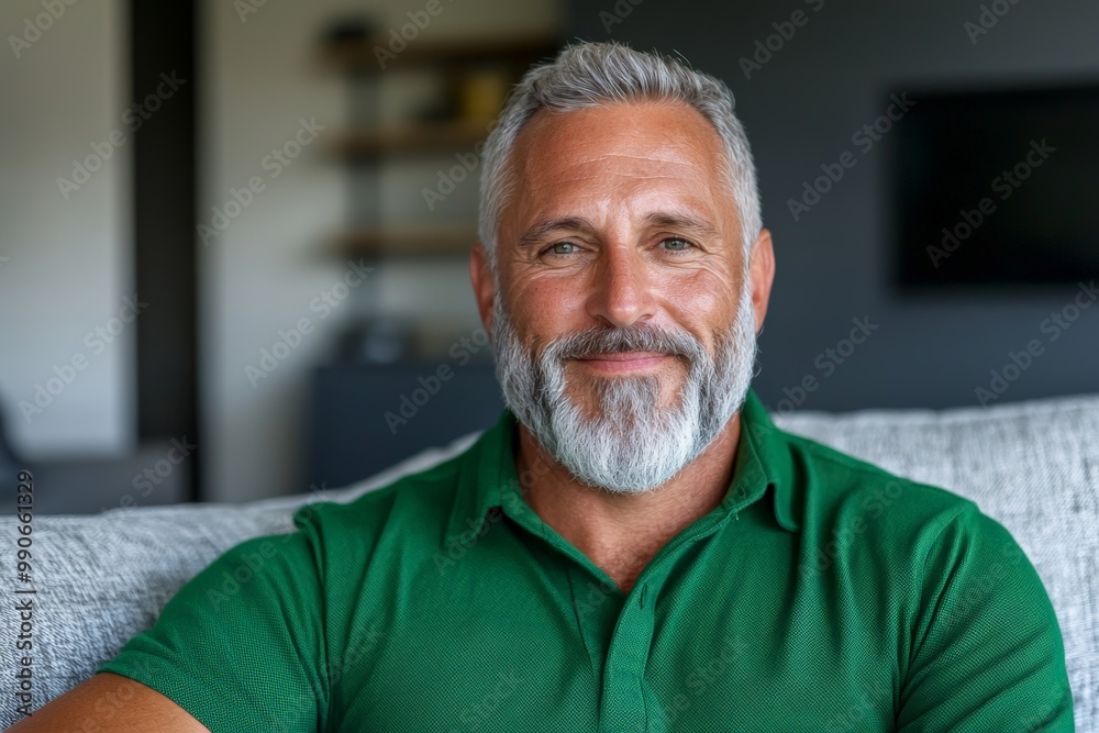 Confident mature man with gray hair and beard relaxing at home, smiling and looking content in a casual green t-shirt.