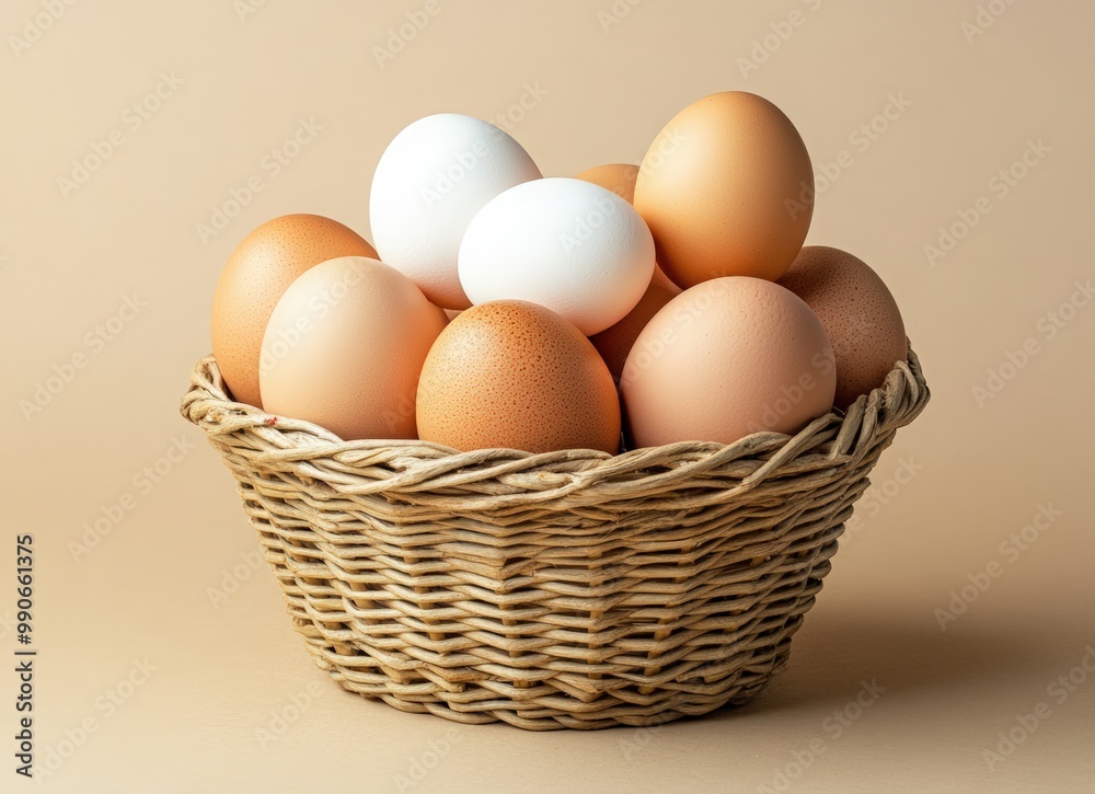 A basket of fresh eggs on beige background. brown chicken egg in wicker bowl