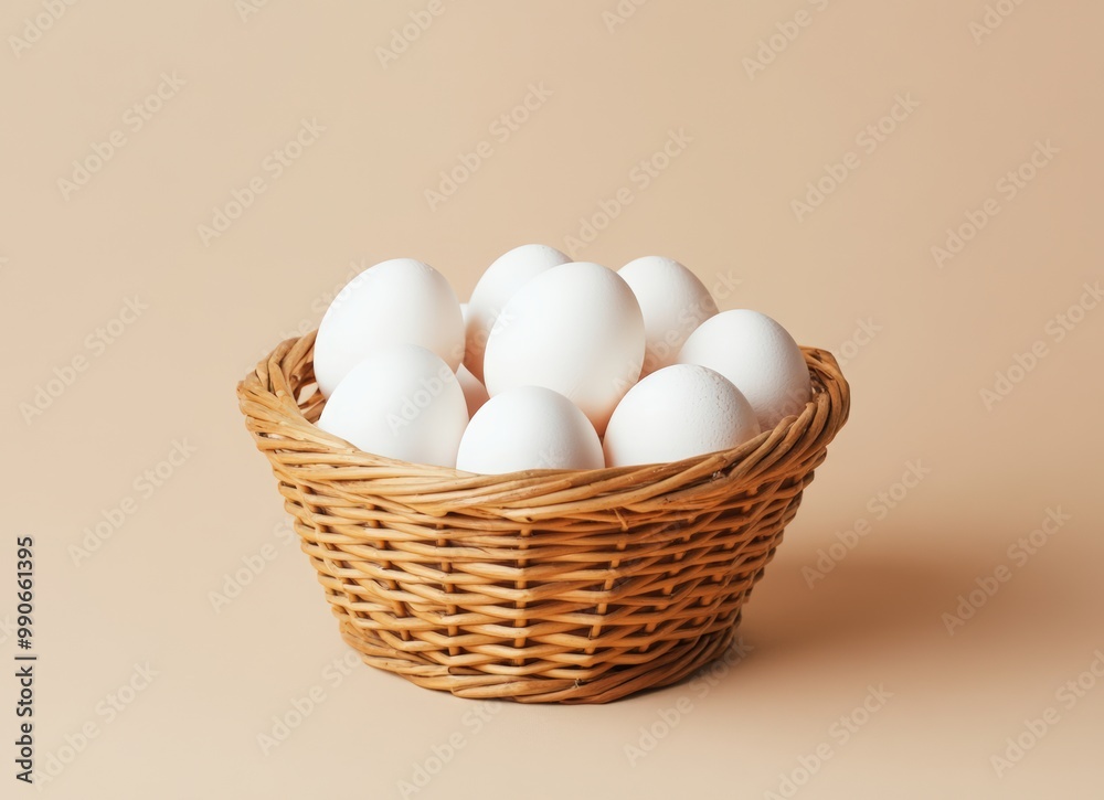 A basket of fresh eggs on beige background. brown chicken egg in wicker bowl A basket of fresh eggs on beige background. brown chicken egg in wicker bowl