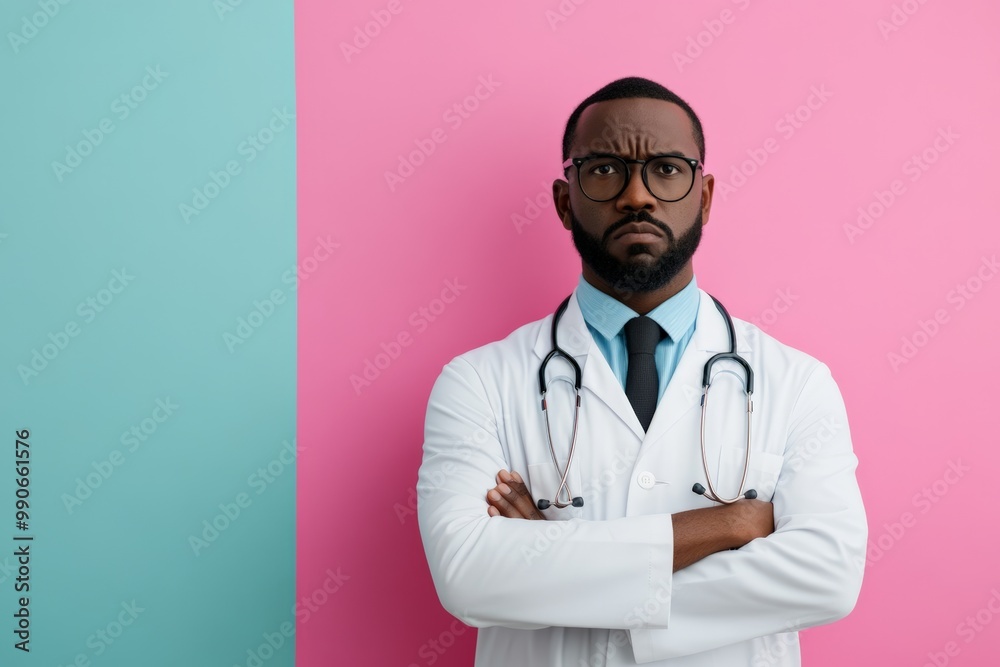 Serious male doctor with arms crossed, wearing a stethoscope and white coat, representing confidence and professionalism in healthcare. Serious male doctor with arms crossed, wearing a stethoscope and white coat, representing confidence and professionalism in healthcare.