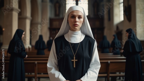 Young attractive nun in traditional habit, serene and peaceful expression
