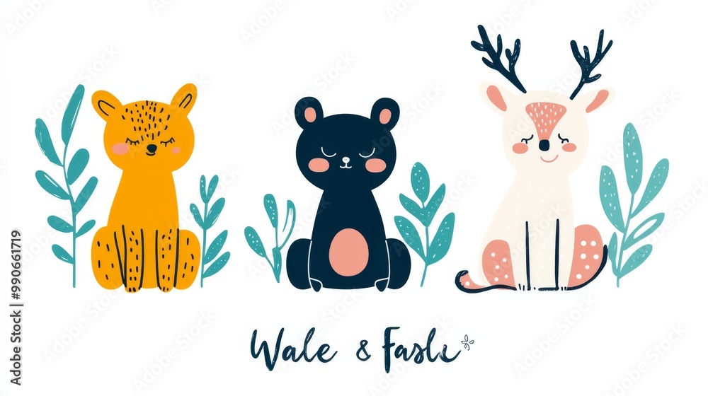 Obraz premium Three adorable wild animals sit side by side, showcasing their unique features against a backdrop of leafy plants, perfect for a baby shower theme.