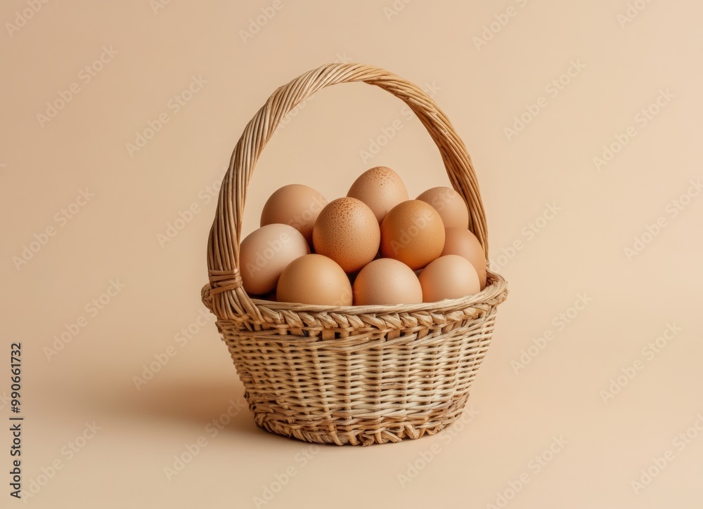 A basket of fresh eggs on beige background. brown chicken egg in wicker bowl A basket of fresh eggs on beige background. brown chicken egg in wicker bowl