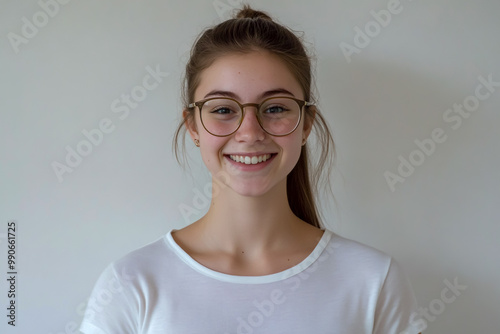 A young woman in her late teens, wearing glasses and a ponytail hairstyle.