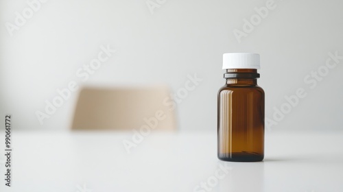 A small amber glass bottle with a white cap on a table, suggesting storage or medication.