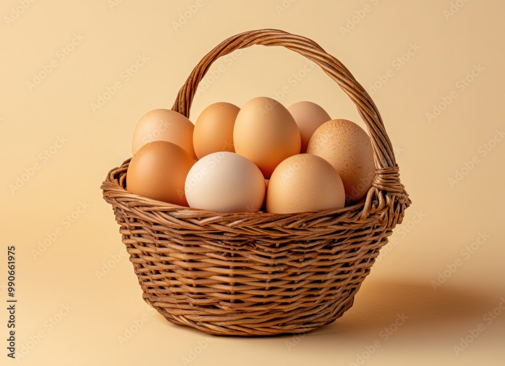 A basket of fresh eggs on beige background. brown chicken egg in wicker bowl A basket of fresh eggs on beige background. brown chicken egg in wicker bowl
