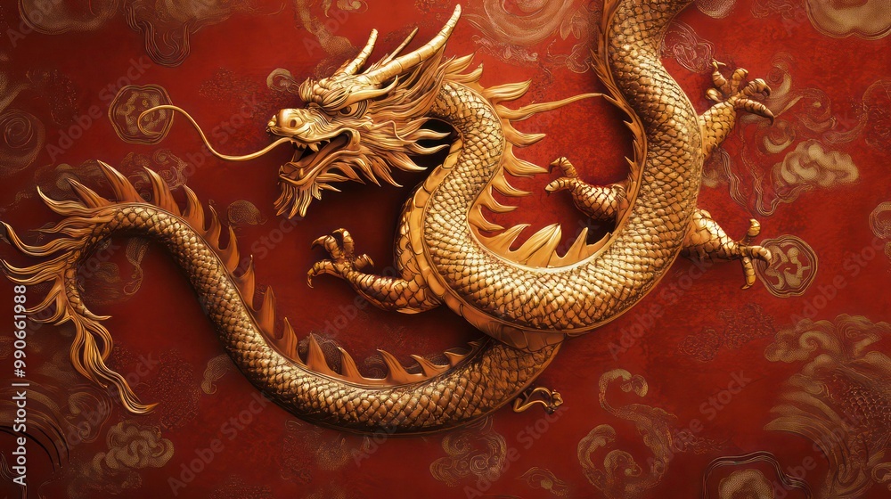 Obraz premium Golden Dragon Statue with Intricate Details on a Brown Background.