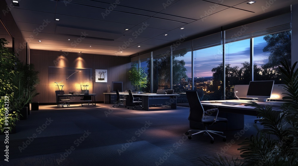 Energy-efficient LED lighting illuminates a modern office. Energy-efficient LED lighting illuminates a modern office.