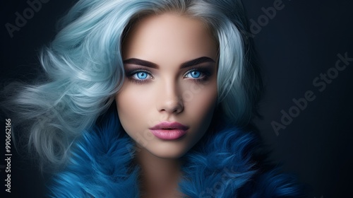 Close-up portrait of a beautiful woman with blue shimer evening makeup. Neural network ai generated art