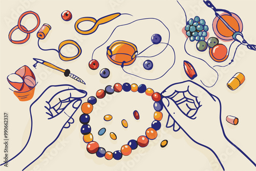 Colorful Bead Crafting and Jewelry Making Illustration