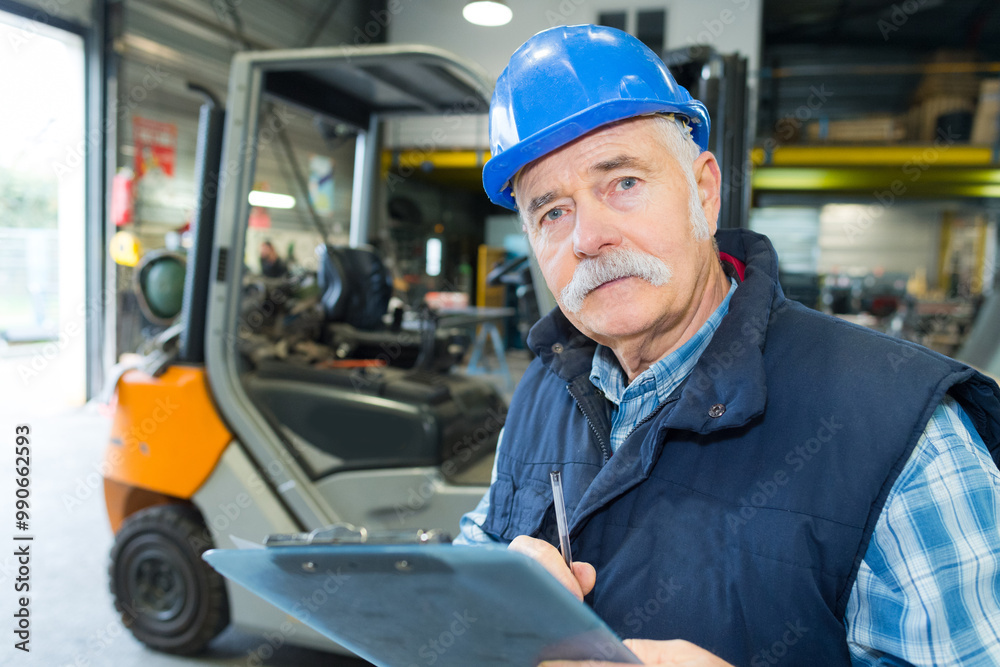 senior worker with a clipboard working on a forklift senior worker with a clipboard working on a forklift