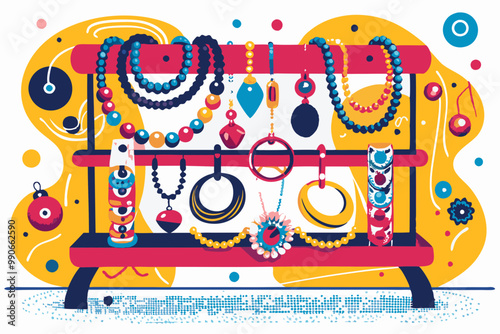 Colorful Illustration of Bohemian Style Jewelry Display