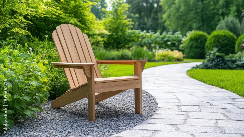 Wooden Chair in a Serene Garden Setting Wooden Chair in a Serene Garden Setting