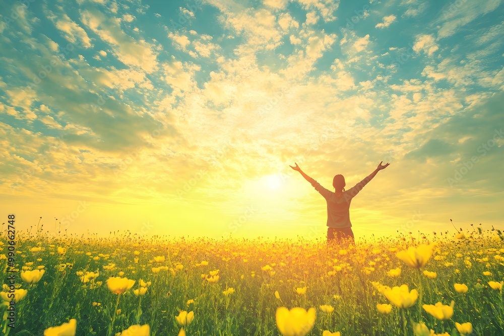 Person in a field of yellow flowers under dramatic cloudy sky, arms raised in joy, golden sunlight Person in a field of yellow flowers under dramatic cloudy sky, arms raised in joy, golden sunlight