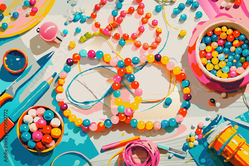 Colorful Beading and Jewelry Crafting Supplies on Worktable