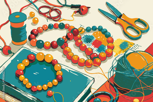 Colorful Craftwork: Beads, Threads, and Sewing Accessories on Table