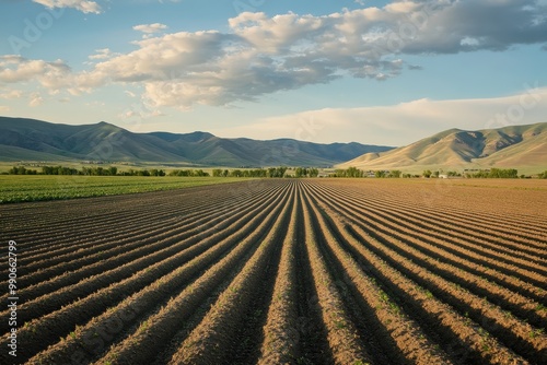 A dawn perspective of potato rows in Idaho s rich farmland