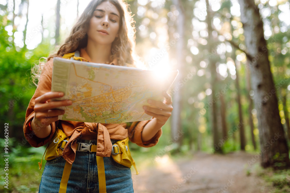 Naklejka premium A traveler woman stands in a lush forest, examining a map with a focused expression. Enjoying a beautiful day outdoors