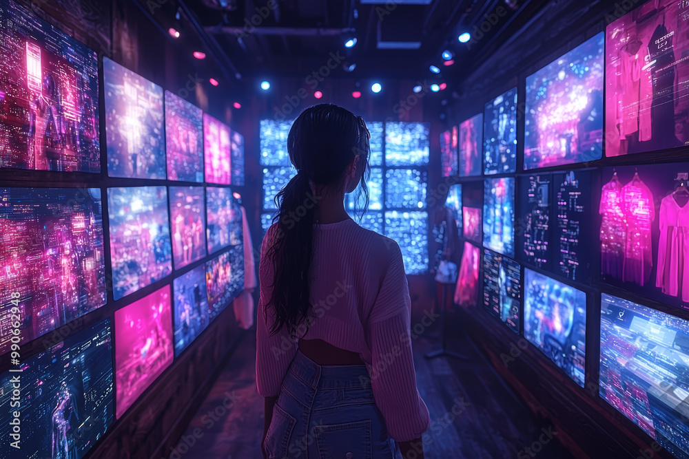 A user customizing their virtual avatar in a metaverse dressing room, surrounded by a wide array of digital clothing and accessories. Concept of avatar personalization. A user customizing their virtual avatar in a metaverse dressing room, surrounded by a wide array of digital clothing and accessories. Concept of avatar personalization.