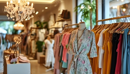 Chic Boutique Interior Featuring Chandeliers and Soft Lighting, Highlighting Trendy Apparel and Accessories in a Bright Summer Ambiance