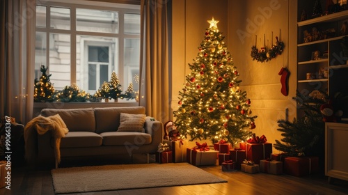 Beautiful Christmas tree in a cozy living room with gifts, twinkling lights, and festive decor.