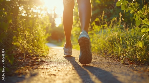 Close-up shot of legs walking on a sunlit road surrounded by greenery on a warm, calm day