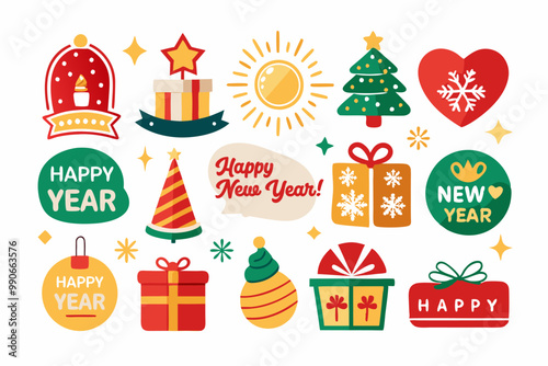 Festive new year icons with gifts, decorations, and celebratory elements