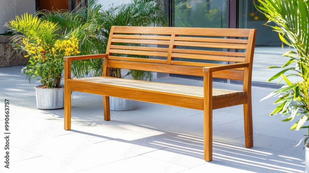 Elegant Wooden Bench Surrounded by Lush Greenery Elegant Wooden Bench Surrounded by Lush Greenery