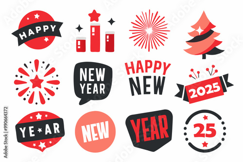 Festive new year 2025 icons set: celebratory designs with fireworks and decorations