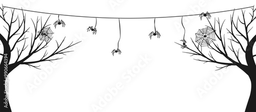 Black silhouettes of gloomy trees with cobwebs and spiders on a white background with space for text. Halloween background. Vector