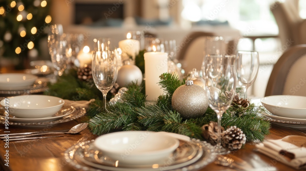 Christmas table setting with candles, greenery, and festive ornaments, ready for a holiday meal. Christmas table setting with candles, greenery, and festive ornaments, ready for a holiday meal.