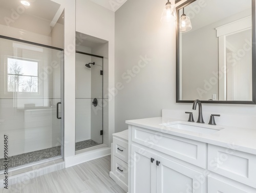 A bathroom with white walls and grey ceramic flooring. A modern sink with an under-cabinet, a large mirror on the wall, and a separate glass shower create a clean and organized look
