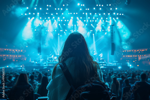 A person attending a virtual concert, enjoying live music and interacting with other virtual concertgoers in a digital venue. Concept of virtual events. photo