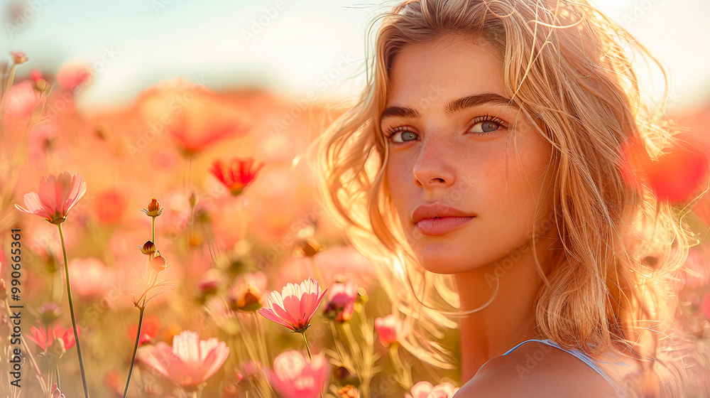 Beautiful blonde woman in a field with flowers Beautiful blonde woman in a field with flowers