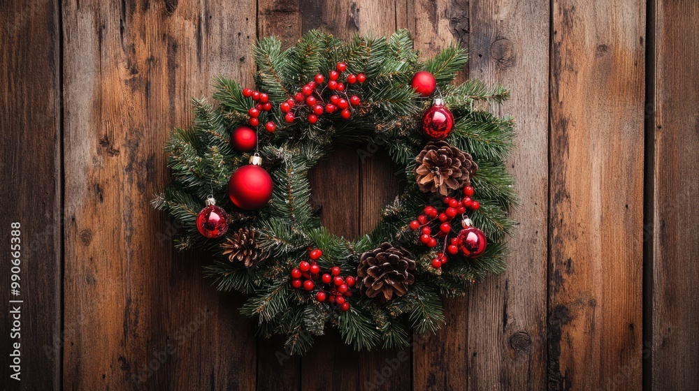 Christmas wreath made of pine branches, red berries, and ornaments, hanging on a rustic wooden door. Christmas wreath made of pine branches, red berries, and ornaments, hanging on a rustic wooden door.