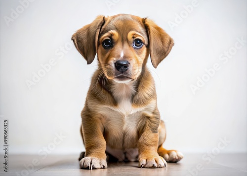 A curious puppy sits on its haunches, peering directly at the lens with an inquisitive expression, its ears