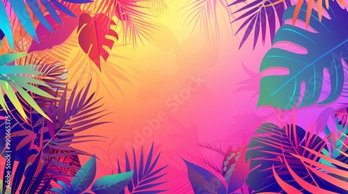 Vibrant tropical foliage background with colorful leaves and a gradient hue of pink and yellow Perfect for summer themed designs