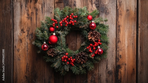 Christmas wreath made of pine branches, red berries, and ornaments, hanging on a rustic wooden door.