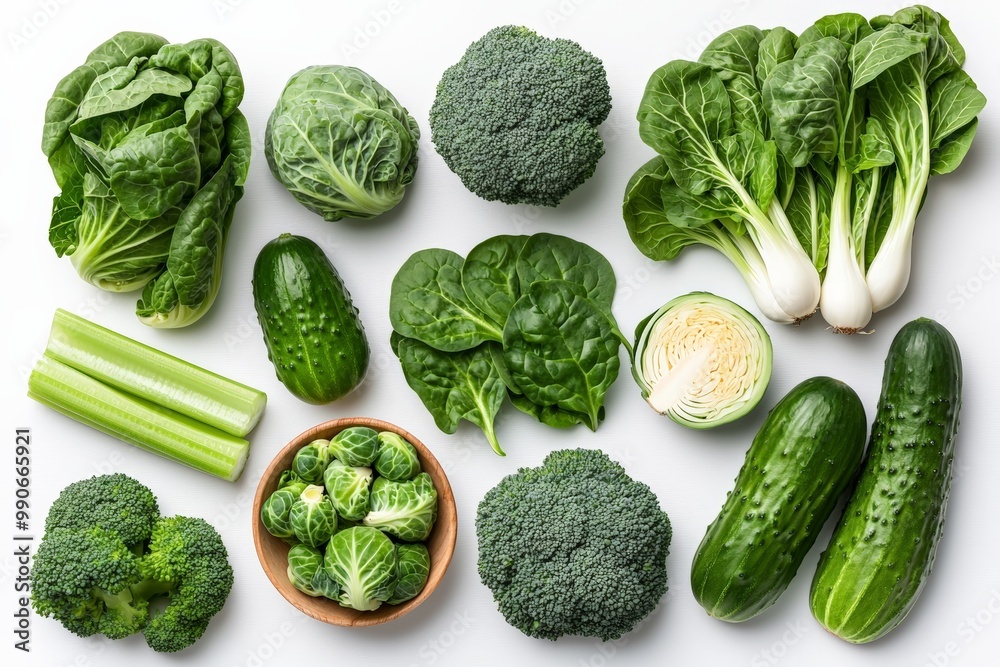 Fresh green vegetables like spinach, broccoli, and cucumbers arranged neatly on a white background. Fresh green vegetables like spinach, broccoli, and cucumbers arranged neatly on a white background.