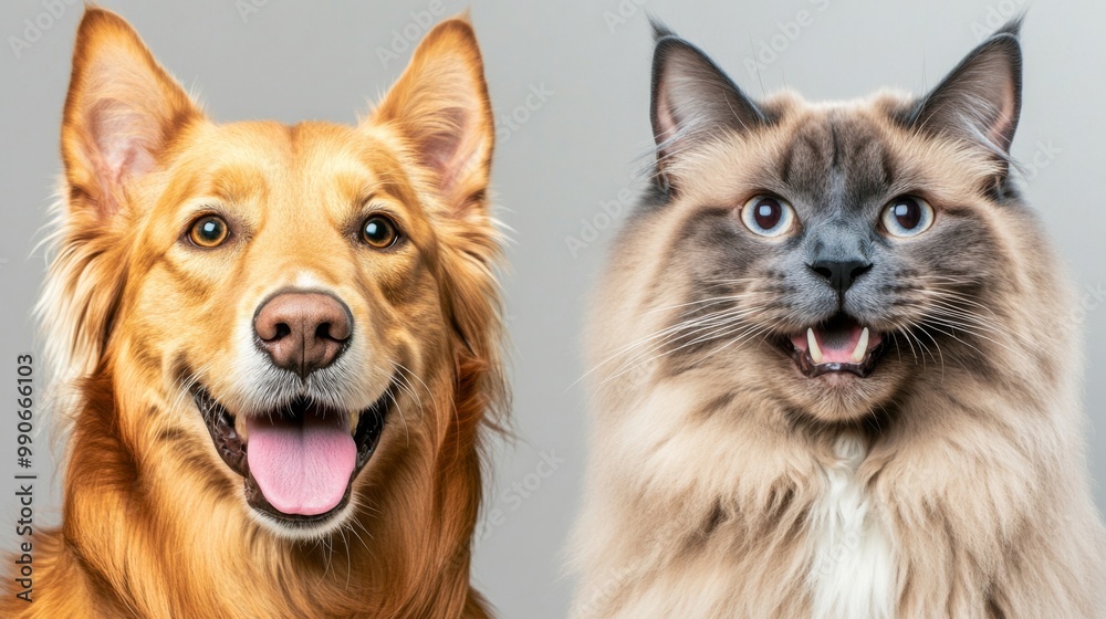 A cheerful golden retriever displays its friendly demeanor while a fluffy Maine Coon cat looks on with curiosity, both posing in a unified moment of charm and companionship. A cheerful golden retriever displays its friendly demeanor while a fluffy Maine Coon cat looks on with curiosity, both posing in a unified moment of charm and companionship.